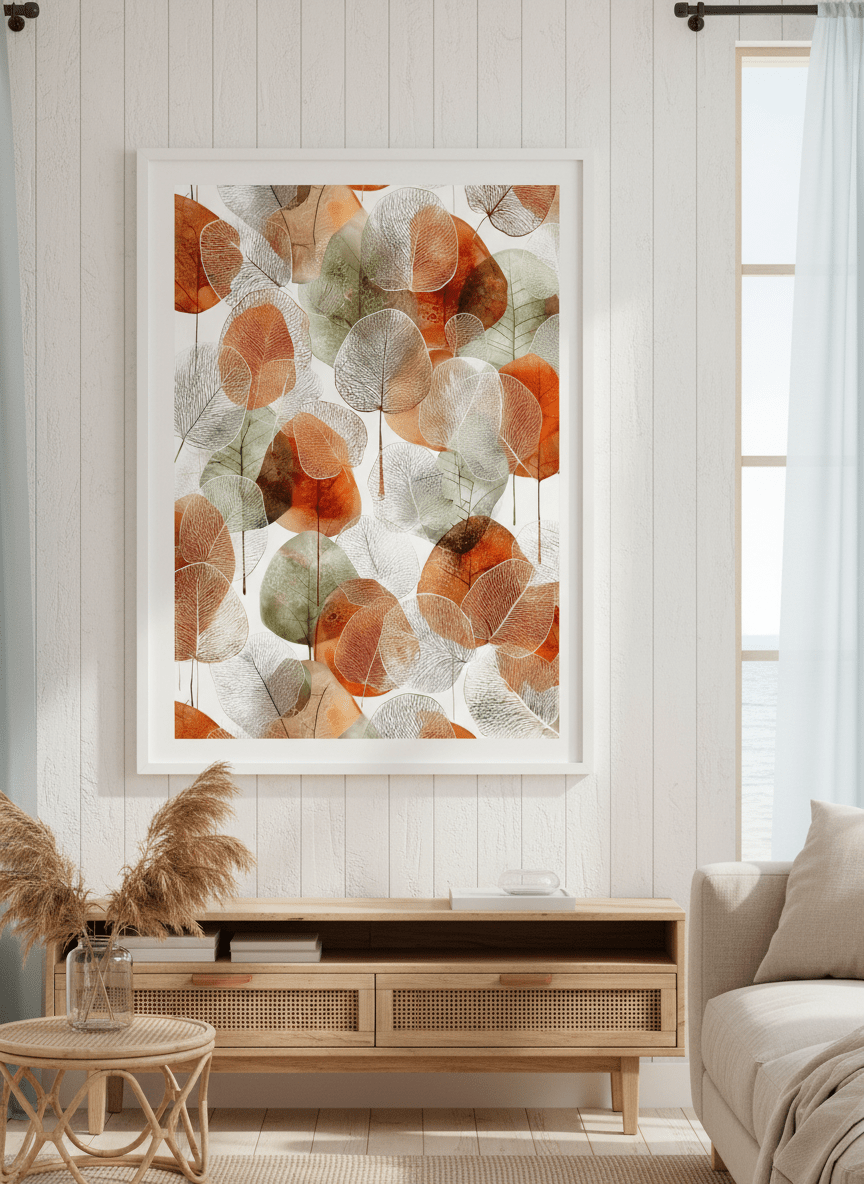 Neutral wall art displayed in a sunny coastal beach house