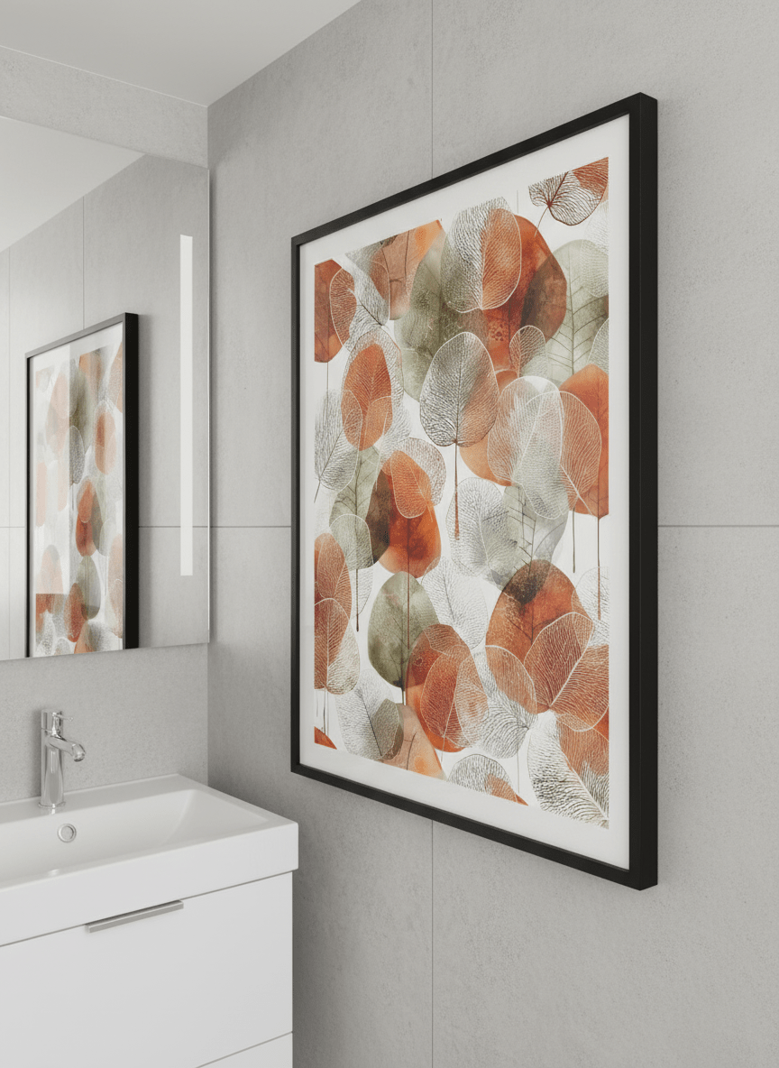 Modern print displayed in a clean minimalist bathroom setting
