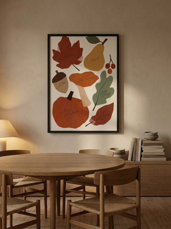Oversized statement modern wall art print styled on the wall in a warm Japandi dining room