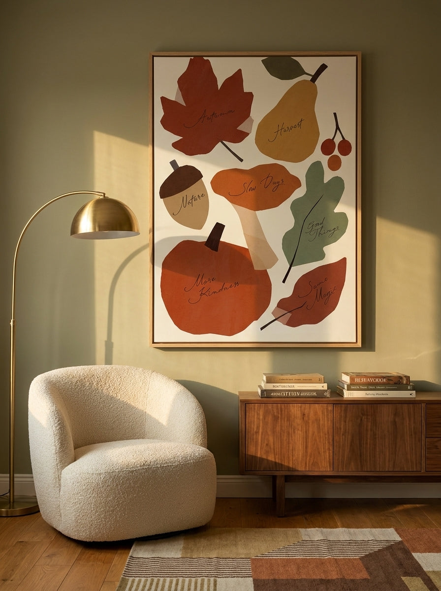Oversized statement canvas wall art with a natural timber surround styled on the wall in a mid-century living room