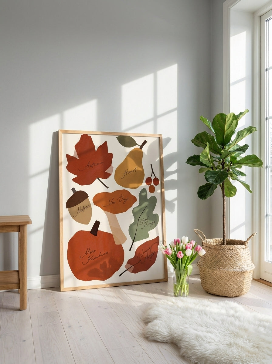 Modern wall art print leaning against the wall in a bright Scandinavian bedroom