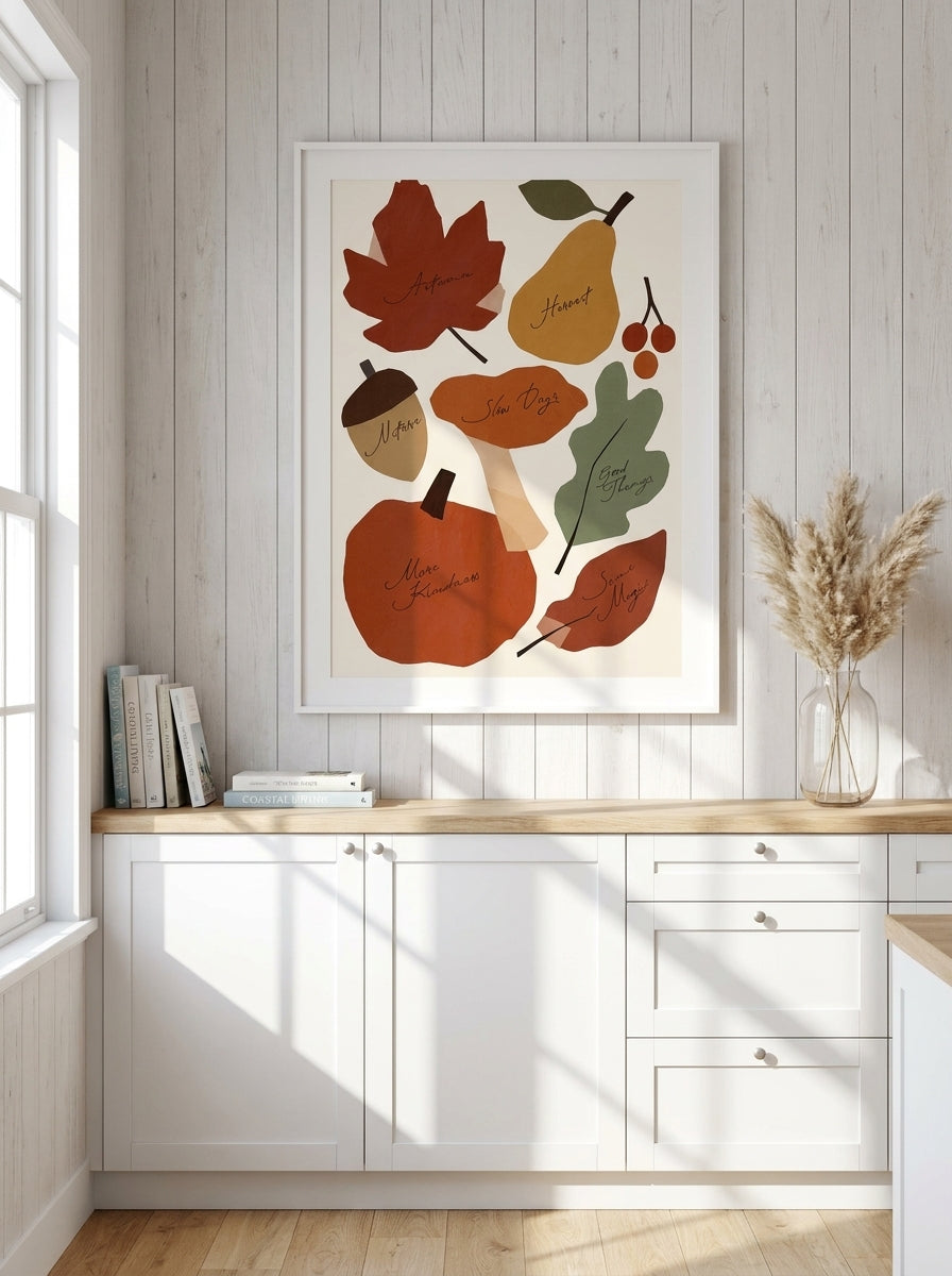 Modern wall art print styled on the wall in a coastal kitchen