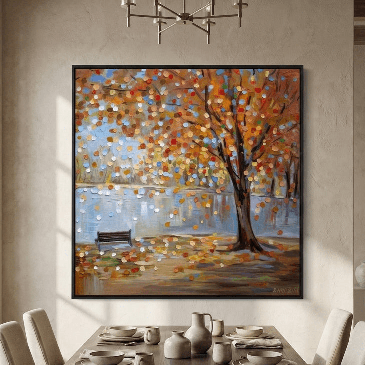 Oversized statement canvas wall art with a black surround styled in a contemporary dining room