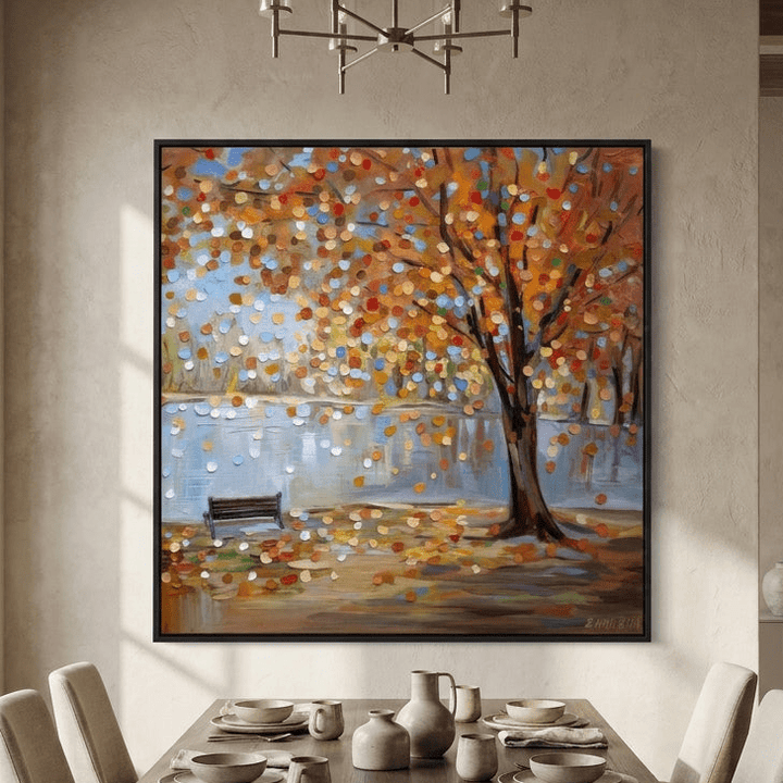 Oversized statement canvas wall art with a black surround styled in a contemporary dining room