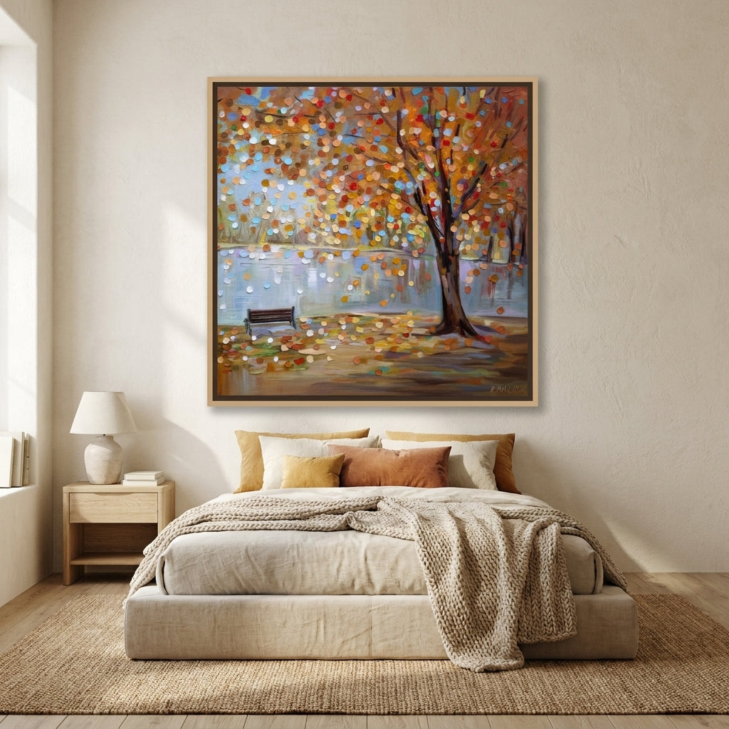 Canvas wall art with a natural timber surround styled in a calm, light-filled bedroom