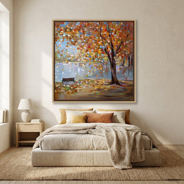 Canvas wall art with a natural timber surround styled in a calm, light-filled bedroom