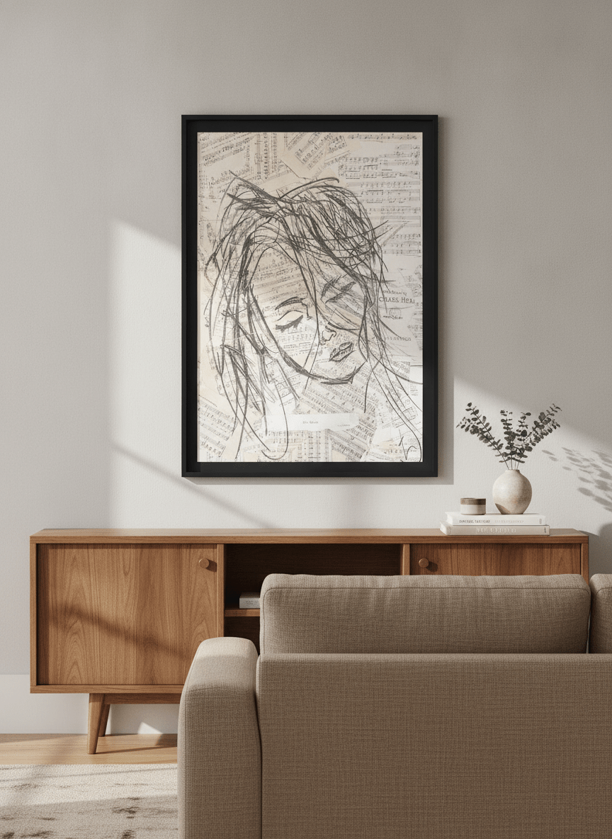 Artwork displayed above a credenza in a real-looking contemporary home