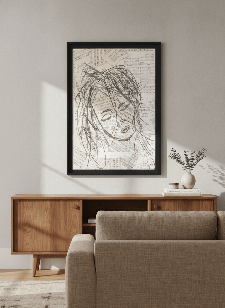 Artwork displayed above a credenza in a real-looking contemporary home