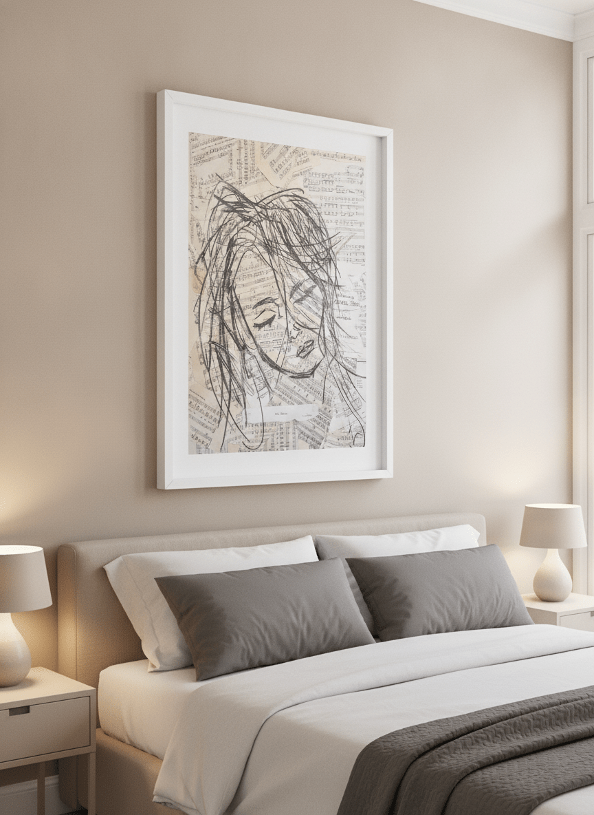 Minimalist artwork displayed in a calm, light-filled bedroom interior