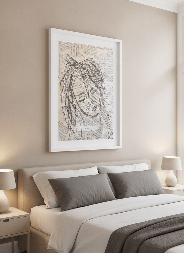 Minimalist artwork displayed in a calm, light-filled bedroom interior