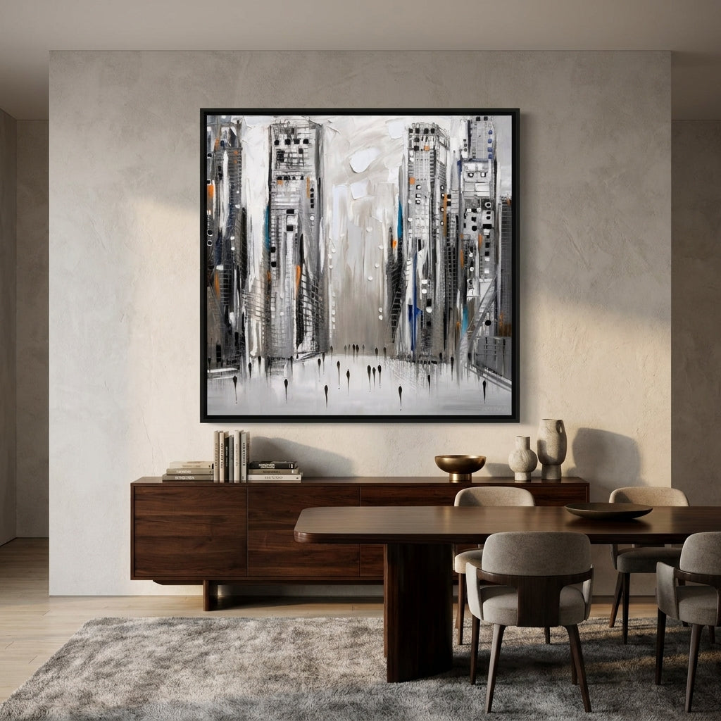 Oversized statement canvas wall art with a black surround styled in a luxe interior