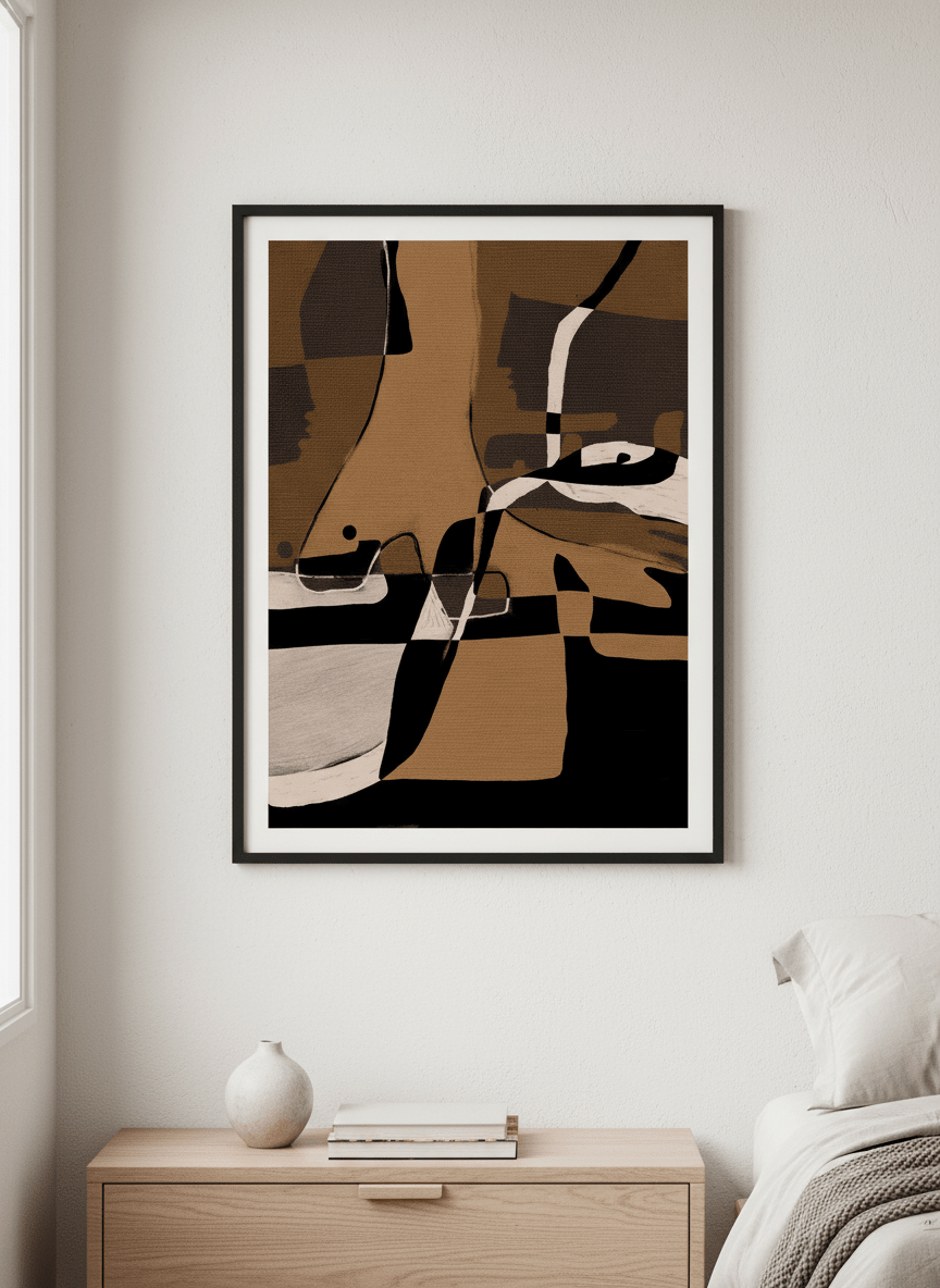 Minimalist artwork displayed in a calm, light-filled bedroom interior