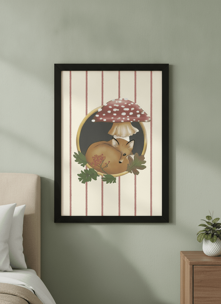 Minimalist artwork displayed in a calm, light-filled bedroom interior