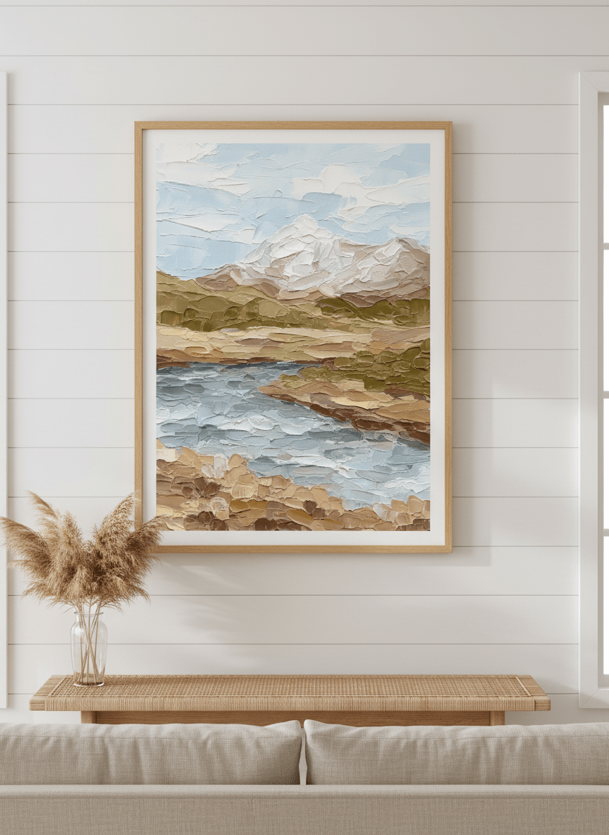 Neutral wall art displayed in a sunny coastal beach house