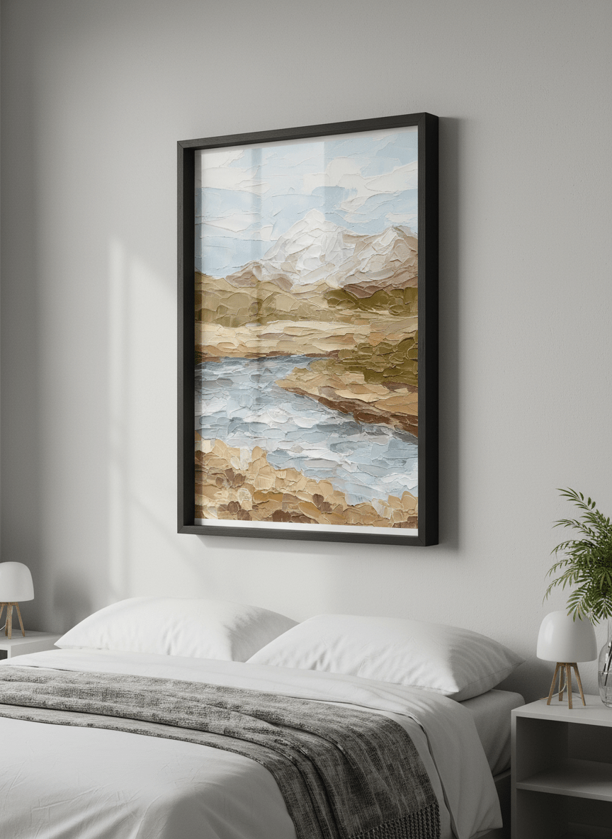 Minimalist artwork displayed in a calm, light-filled bedroom interior