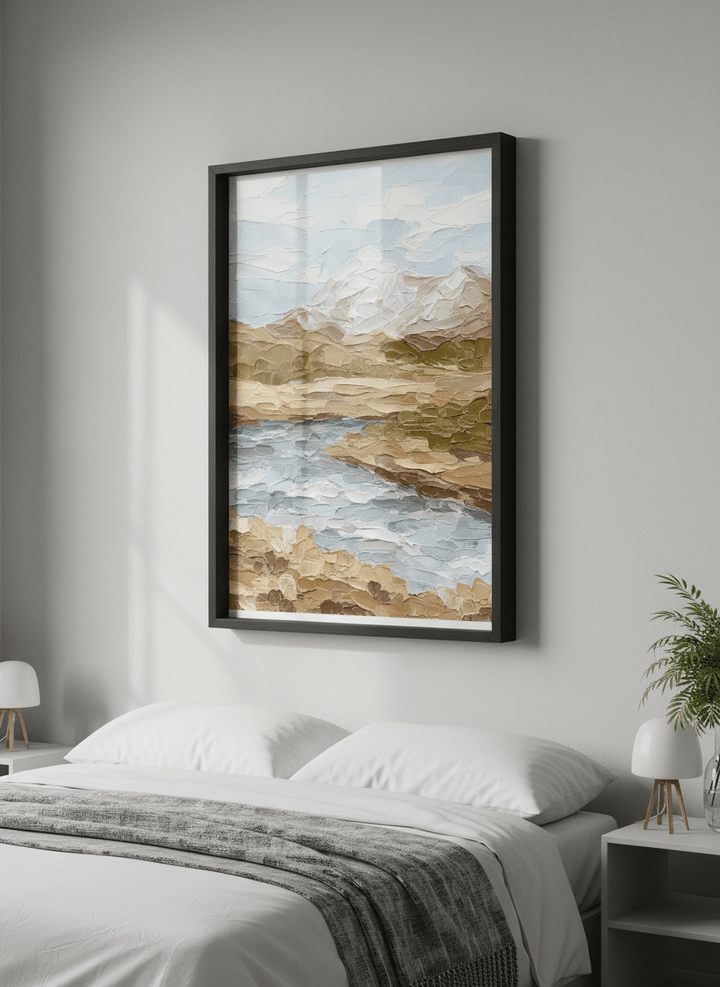 Minimalist artwork displayed in a calm, light-filled bedroom interior