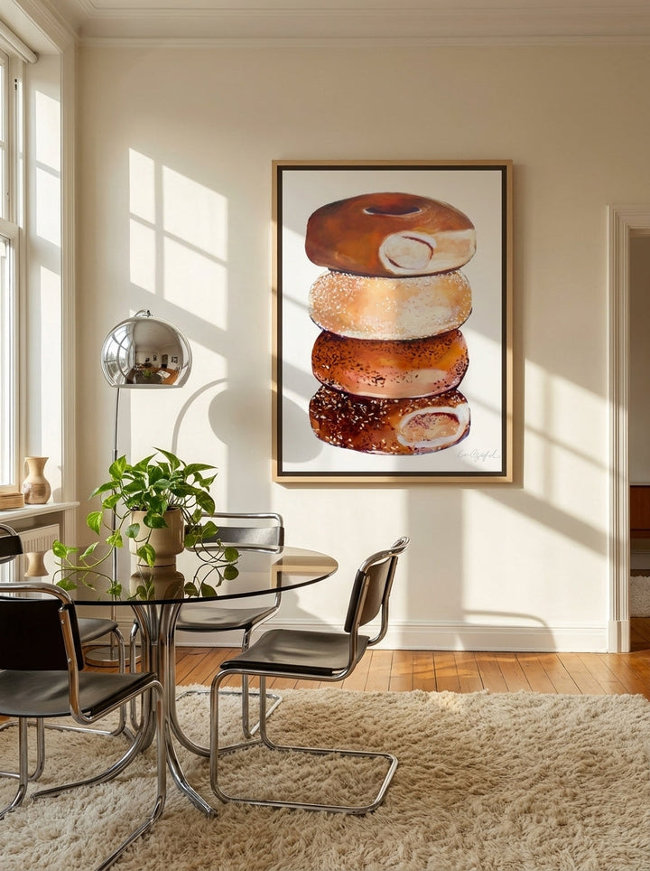 Oversized statement canvas wall art with a natural timber surround styled on the wall in a retro 70s dining room
