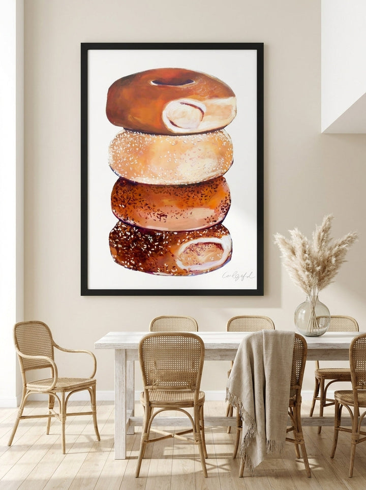 Oversized statement modern wall art print styled on the wall in a coastal dining room