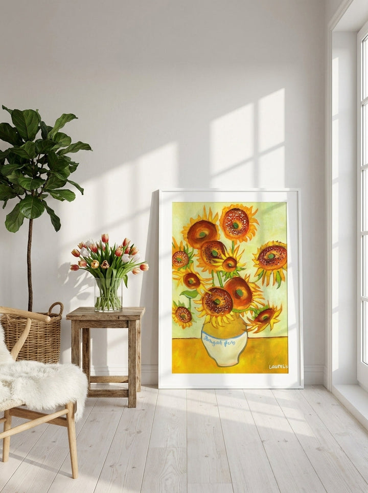 Modern wall art print leaning against the wall in a bright Scandinavian dining room