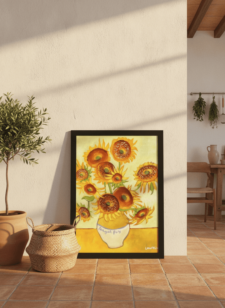 Modern wall art print leaning against the wall in a Mediterranean kitchen