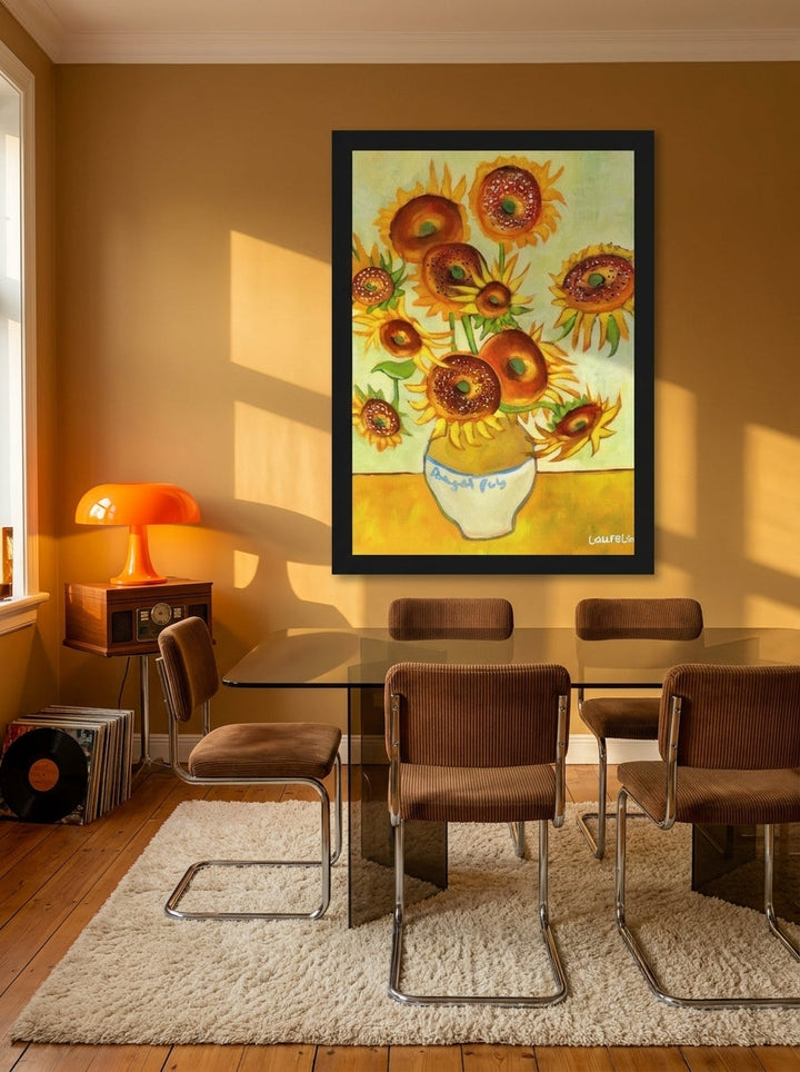 Oversized statement modern wall art print styled on the wall in a retro 70s dining room