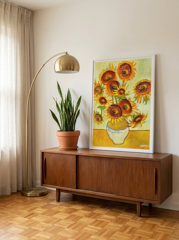 Modern wall art print standing on a sideboard in a mid-century living room