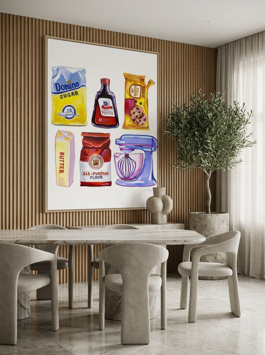 Oversized statement canvas wall art with a natural timber surround styled on the wall in a luxe dining room