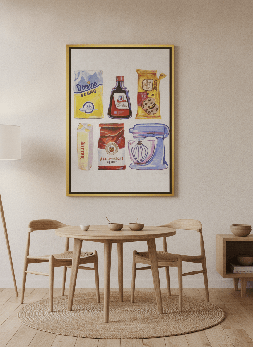 Oversized statement canvas wall art with a gold leaf surround styled on the wall in a warm Japandi dining room