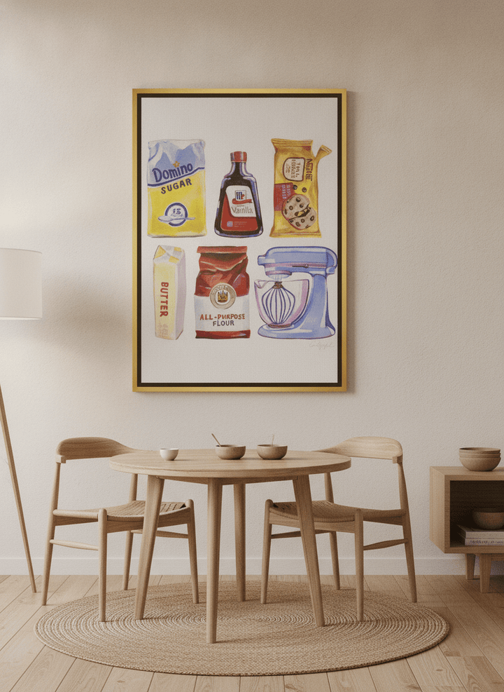 Oversized statement canvas wall art with a gold leaf surround styled on the wall in a warm Japandi dining room