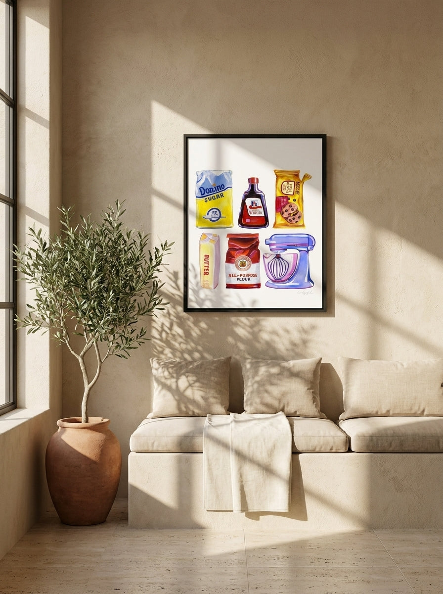 Canvas wall art with a black surround styled on the wall in a Mediterranean living room