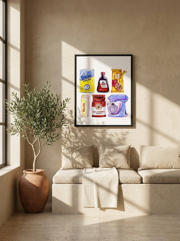Canvas wall art with a black surround styled on the wall in a Mediterranean living room