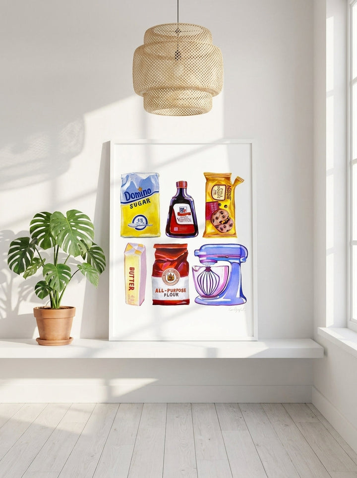 Modern wall art print standing on a shelf in a bright Scandinavian living room