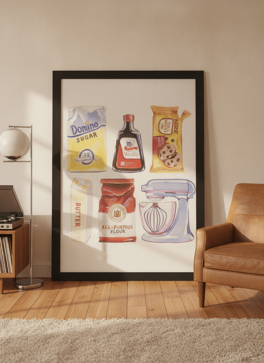 Oversized statement modern wall art print leaning against the wall in a retro 70s dining room