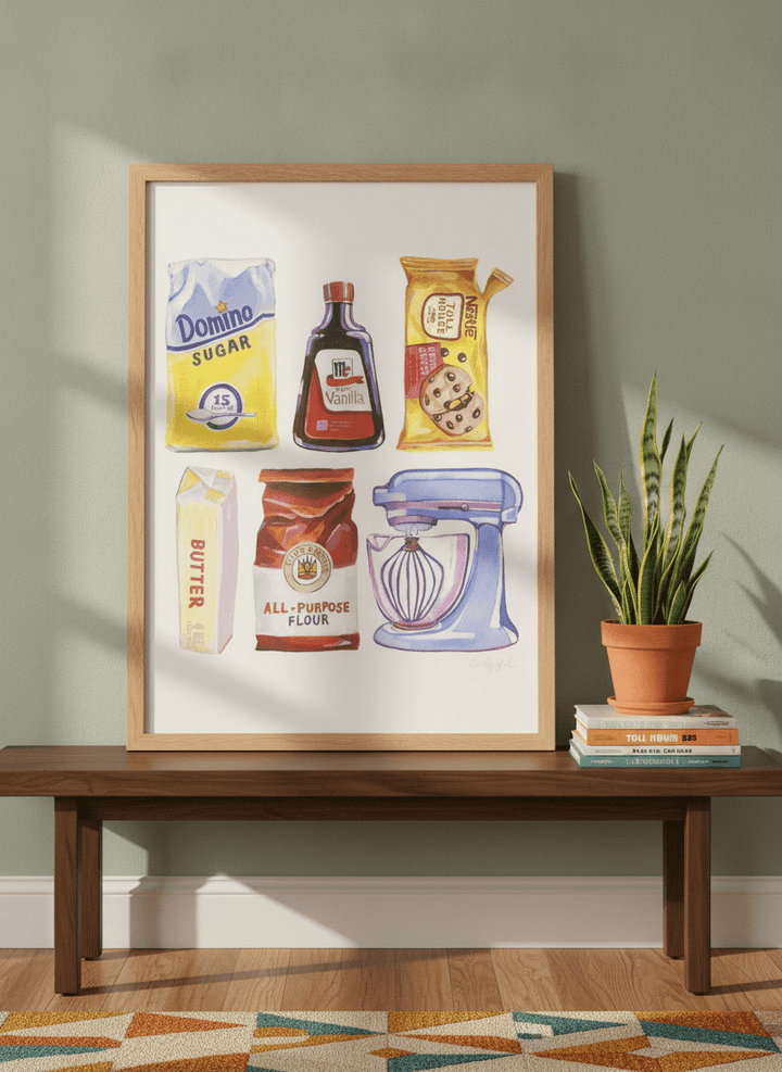 Modern wall art print standing on a kitchen bench in a mid-century kitchen