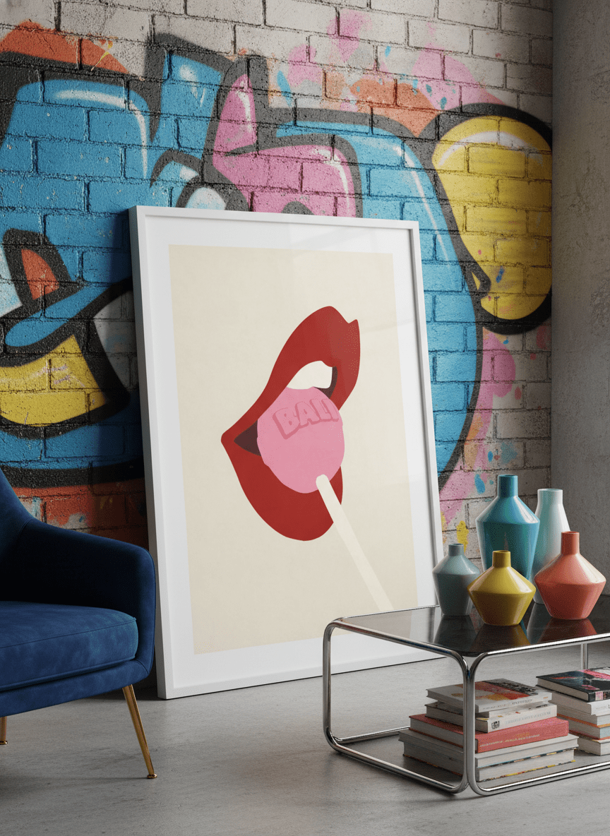 Bold wall art styled in a colourful, eclectic modern home