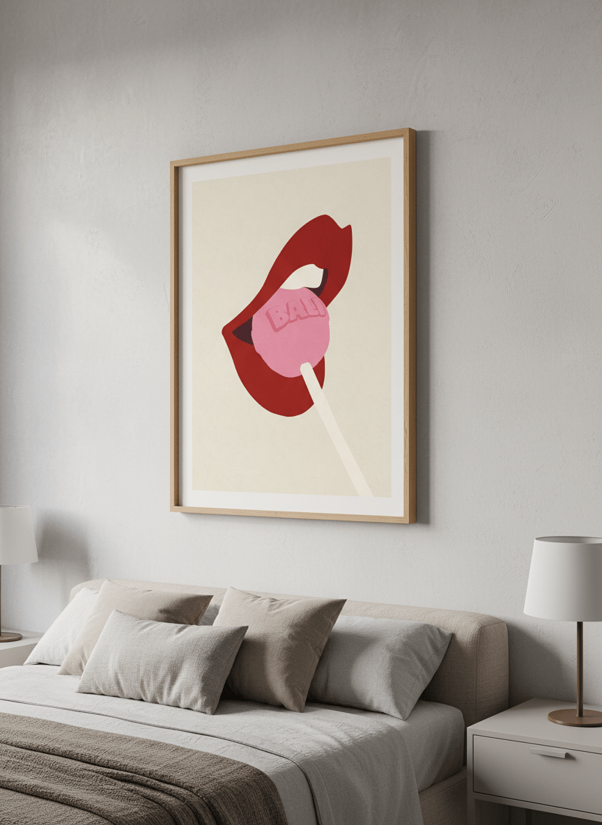 Minimalist artwork displayed in a calm, light-filled bedroom interior
