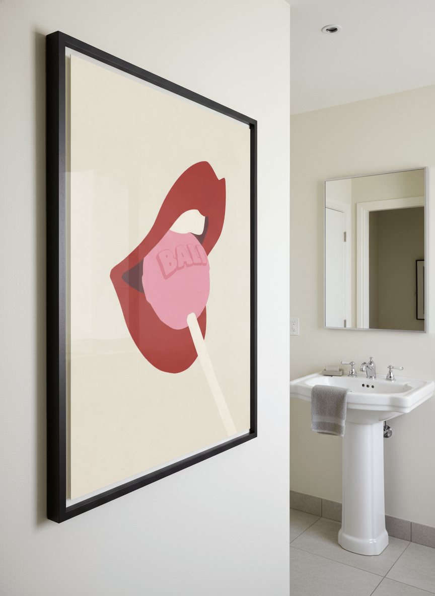 Modern print displayed in a clean minimalist bathroom setting