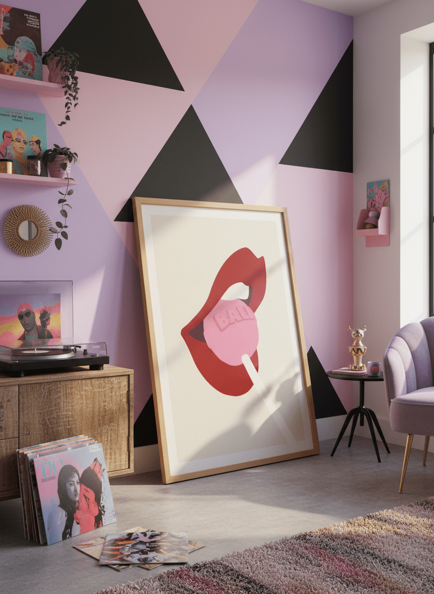 Bold wall art styled in a colourful, eclectic modern home