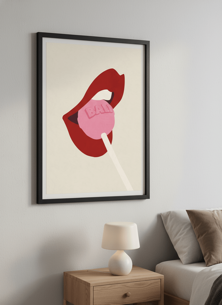 Minimalist artwork displayed in a calm, light-filled bedroom interior