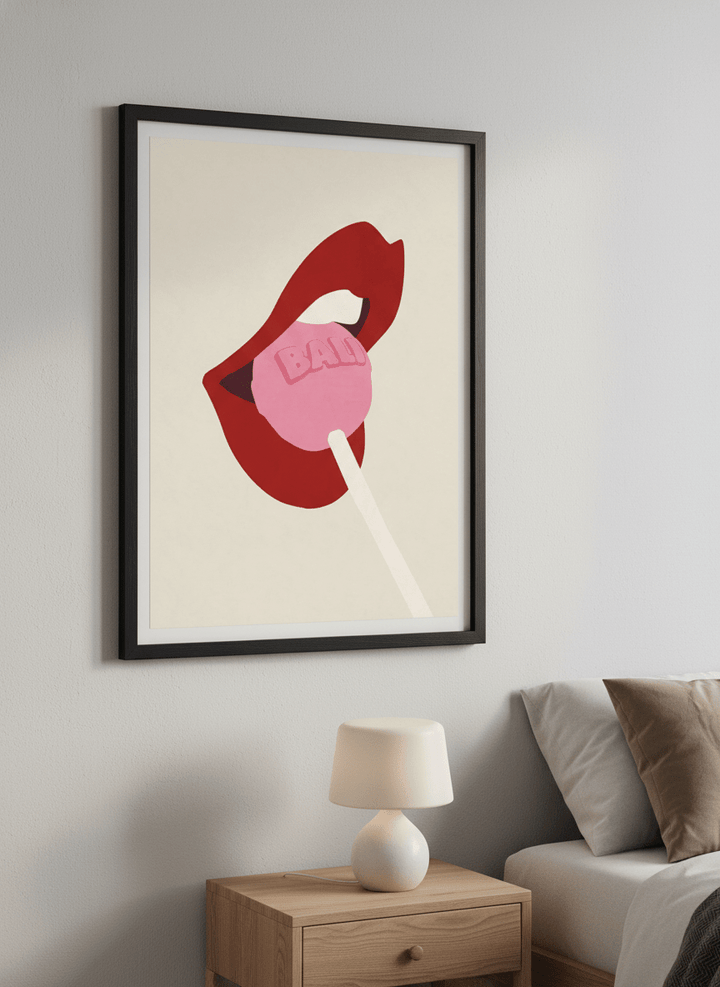 Minimalist artwork displayed in a calm, light-filled bedroom interior