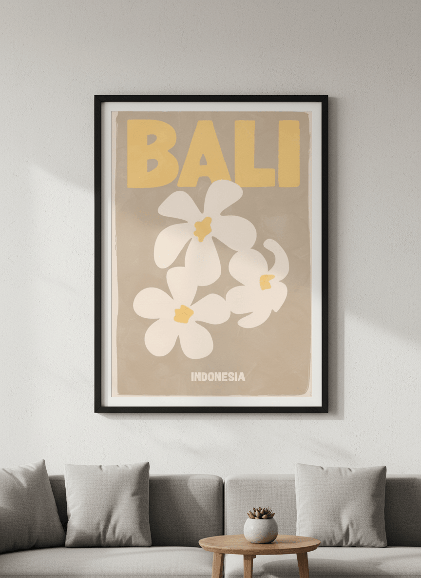 Modern wall art styled above a sofa in a neutral living room