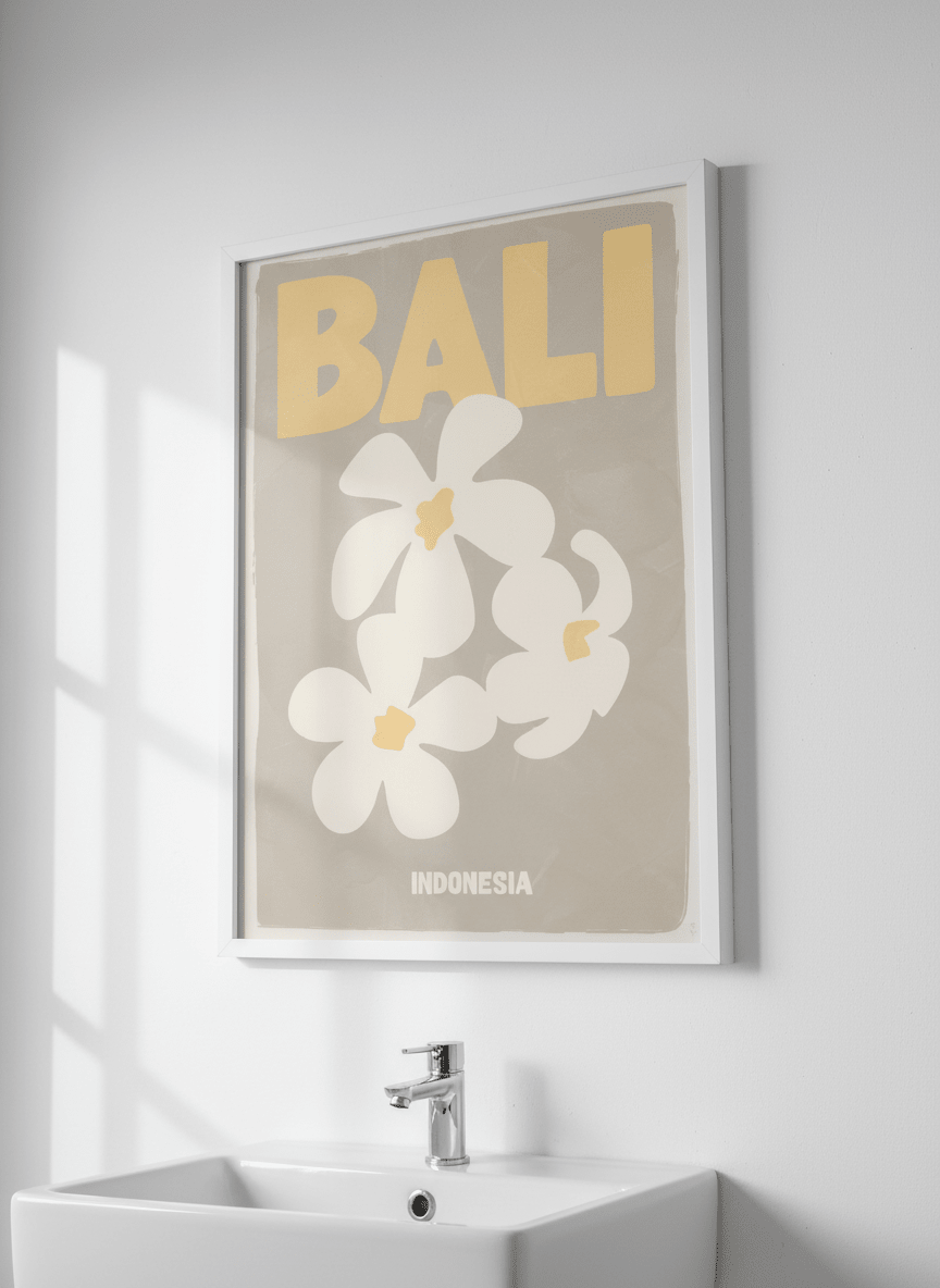Modern print displayed in a clean minimalist bathroom setting