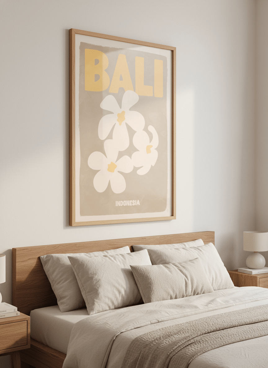 Minimalist artwork displayed in a calm, light-filled bedroom interior