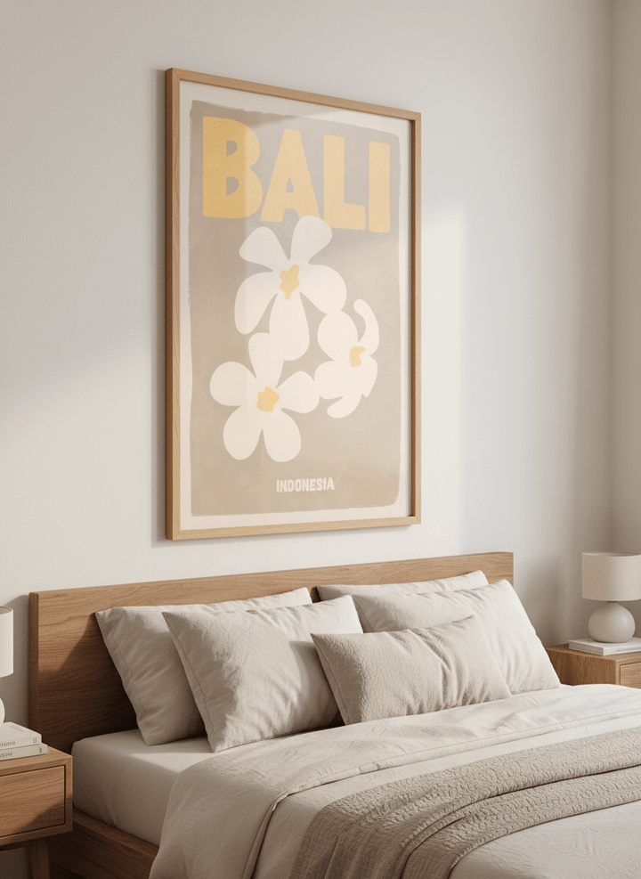 Minimalist artwork displayed in a calm, light-filled bedroom interior