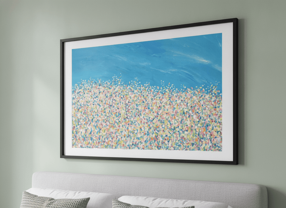 Minimalist artwork displayed in a calm, light-filled bedroom interior
