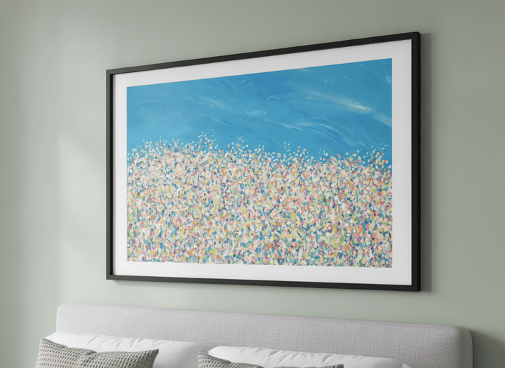 Minimalist artwork displayed in a calm, light-filled bedroom interior