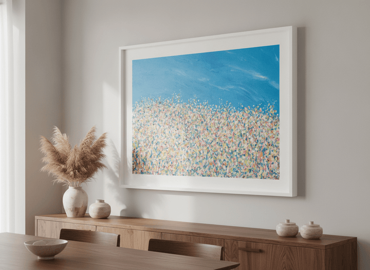 Wall art styled above a dining table in a contemporary home