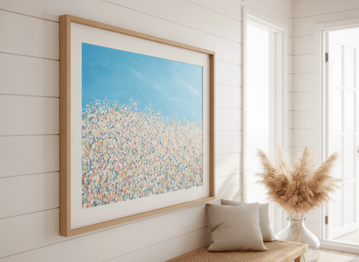 Neutral wall art displayed in a sunny coastal beach house