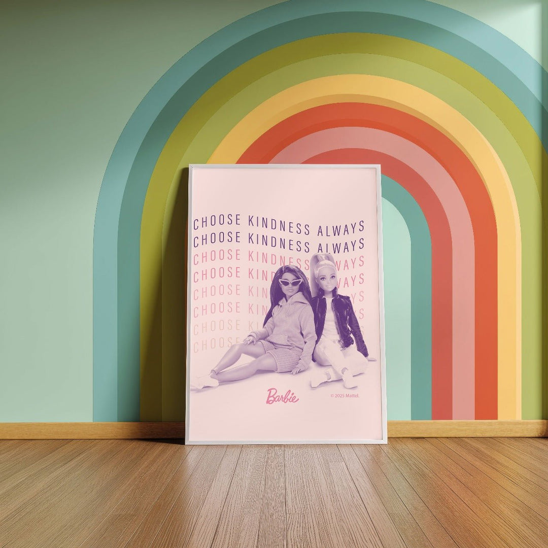 Poster with two dolls and 'Choose Kindness Always' text against a rainbow wall.