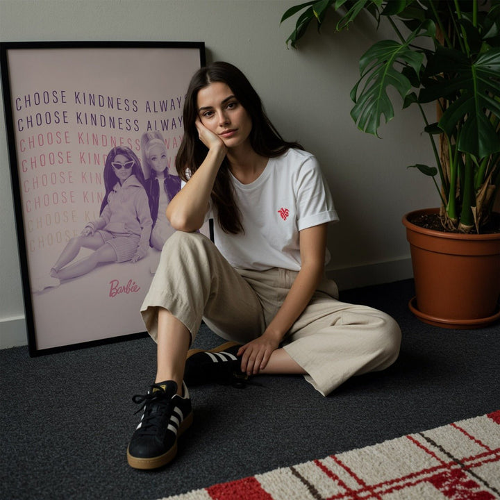 Woman sitting on the floor with a poster and plant in the background